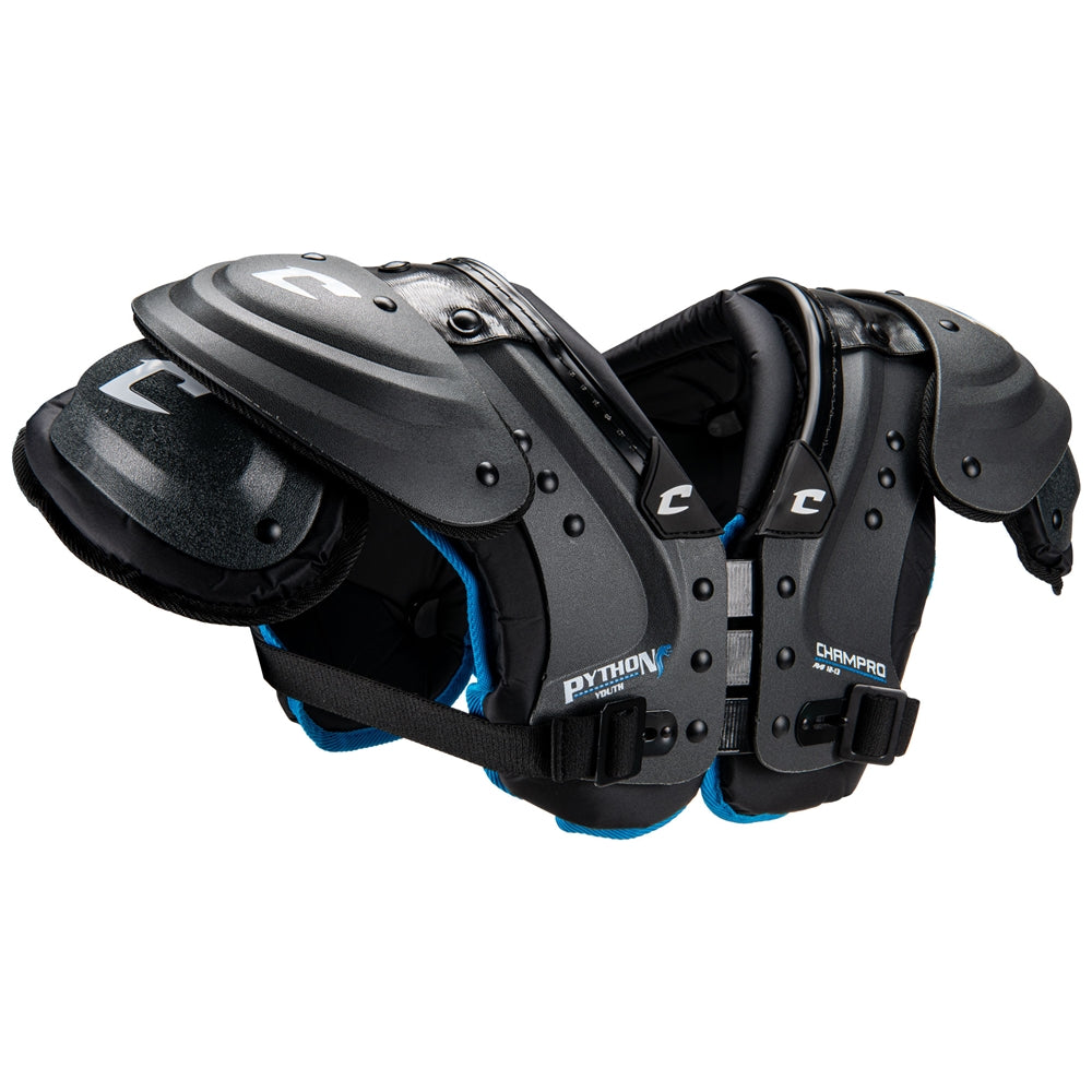 Black and blue football shoulder pads on a white background