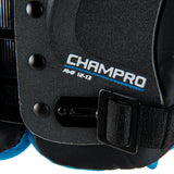 Close-up of a black protective gear with 'Champro' branding on a white background