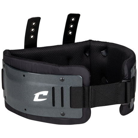 Black and gray protective back brace with a brand logo on a white background