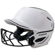 White softball helmet with black face mask on a white background