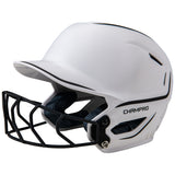 White softball helmet with black face mask on a white background