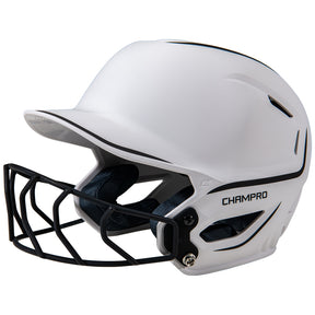 White softball helmet with black face mask on a white background
