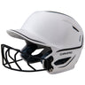 White softball helmet with black face mask on a white background