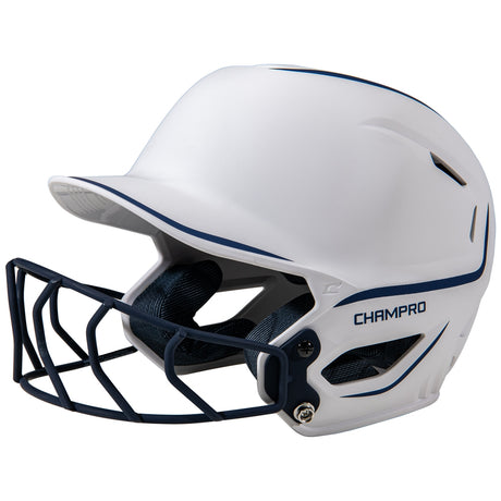White softball helmet with a navy face mask on a white background