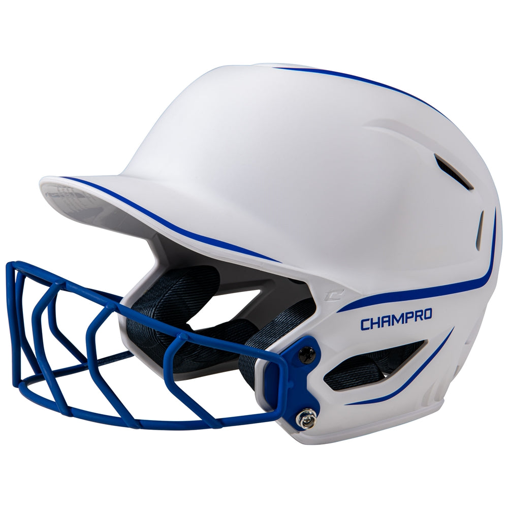 White softball helmet with blue face guard and 'Champro' branding on a white background