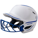 White softball helmet with blue face guard and 'Champro' branding on a white background