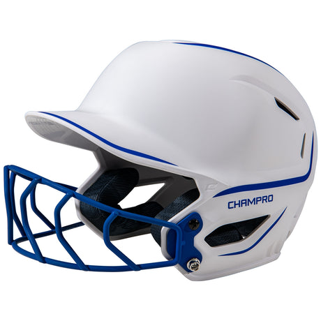 White softball helmet with blue face guard and 'Champro' branding on a white background