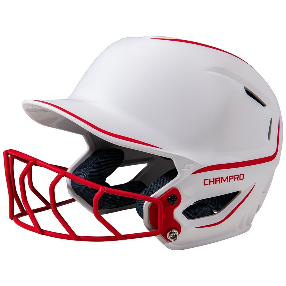 White softball helmet with red face guard and 'Champro' branding on a white background