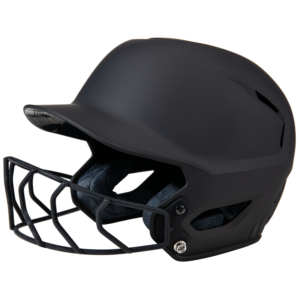 Black batting helmet with face guard on a white background