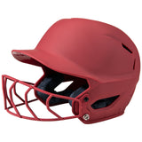 Red softball helmet with face mask on a white background