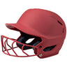 Red softball helmet with face mask on a white background