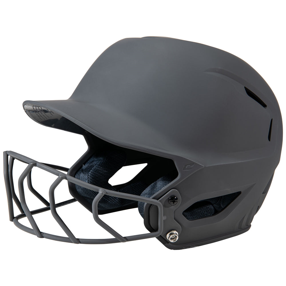 Gray softball helmet with face mask on a white background