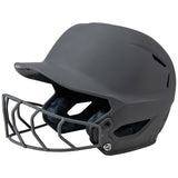 Gray softball helmet with face mask on a white background