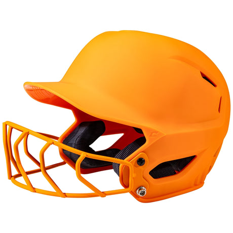 Orange softball helmet with face guard on a white background