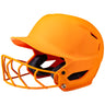 Orange softball helmet with face guard on a white background