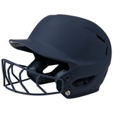 Navy blue softball helmet with face guard on a white background