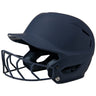 Navy blue softball helmet with face guard on a white background