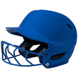Blue softball helmet with face guard on a white background