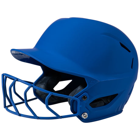 Blue softball helmet with face guard on a white background