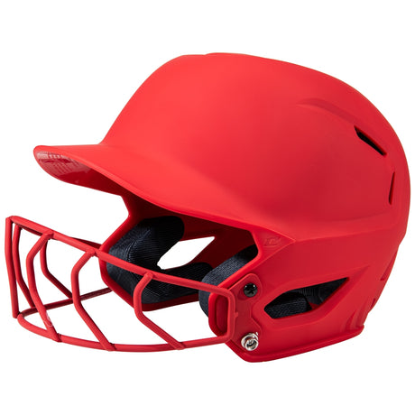 Scarlet softball helmet with face guard on a white background