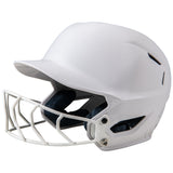 White softball helmet with face guard on a white background