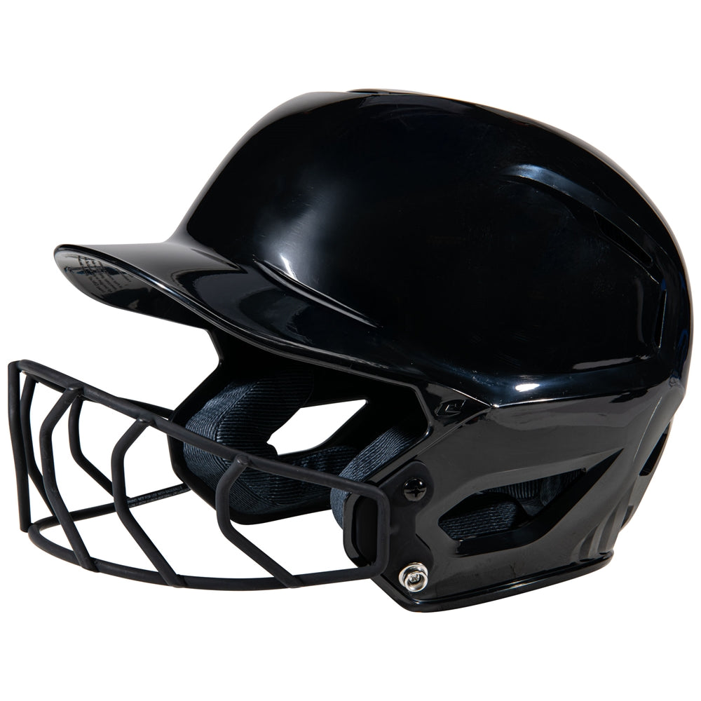 Black softball helmet with face guard on a white background