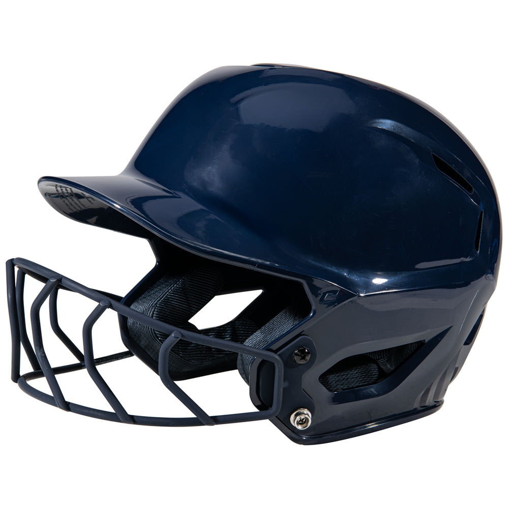 Navy blue softball helmet with face mask on a white background