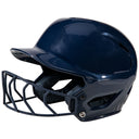 Navy blue softball helmet with face mask on a white background