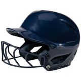 Navy blue softball helmet with face mask on a white background