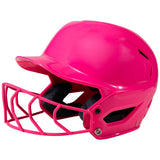 Pink softball helmet with face mask on a white background