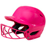 Pink softball helmet with face mask on a white background
