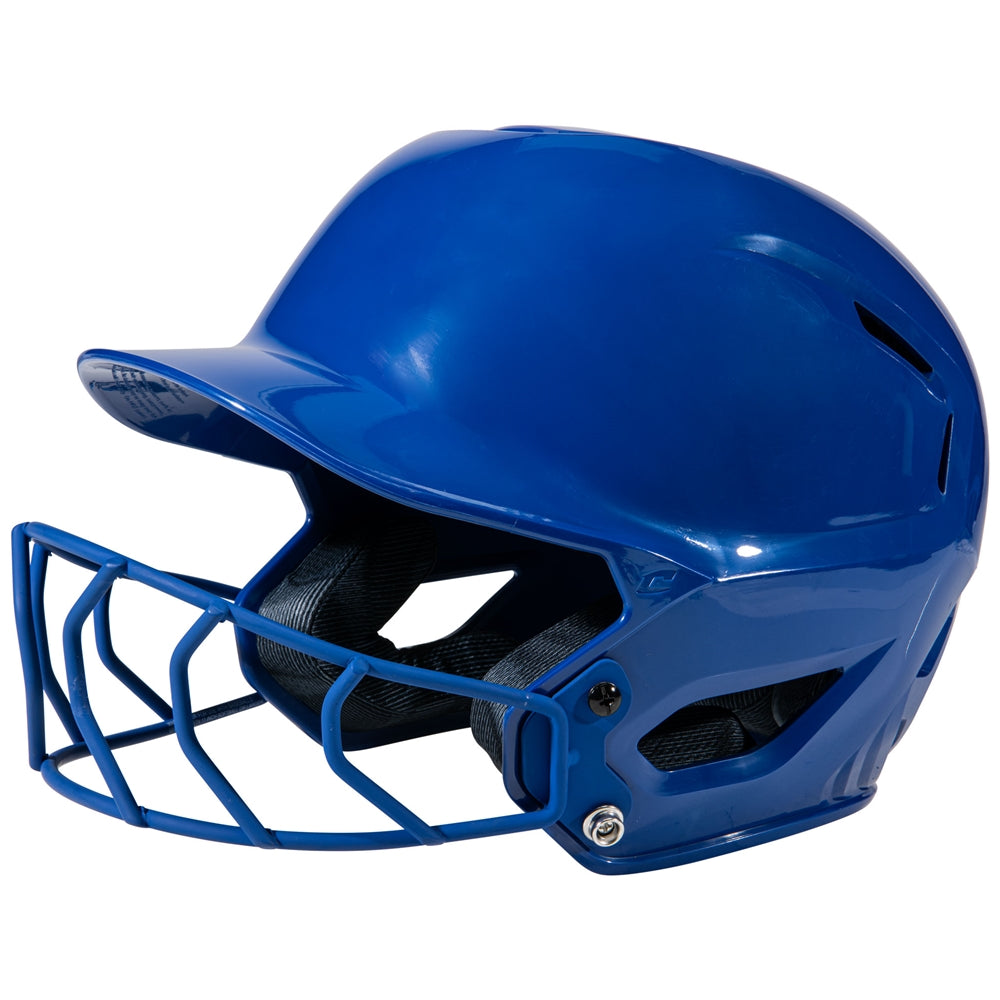 Blue softball helmet with face mask on a white background