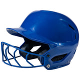 Blue softball helmet with face mask on a white background