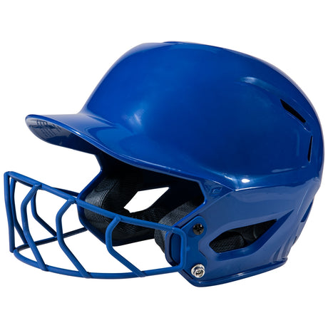 Blue softball helmet with face mask on a white background