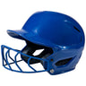 Blue softball helmet with face mask on a white background