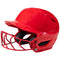 Red softball helmet with face guard on a white background