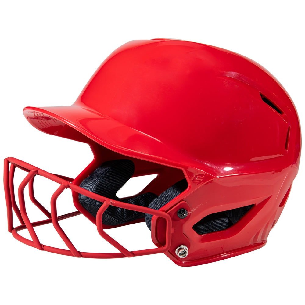 Red softball helmet with face guard on a white background