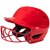 Red softball helmet with face guard on a white background