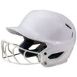 White softball helmet with face guard on a white background