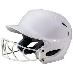White softball helmet with face guard on a white background