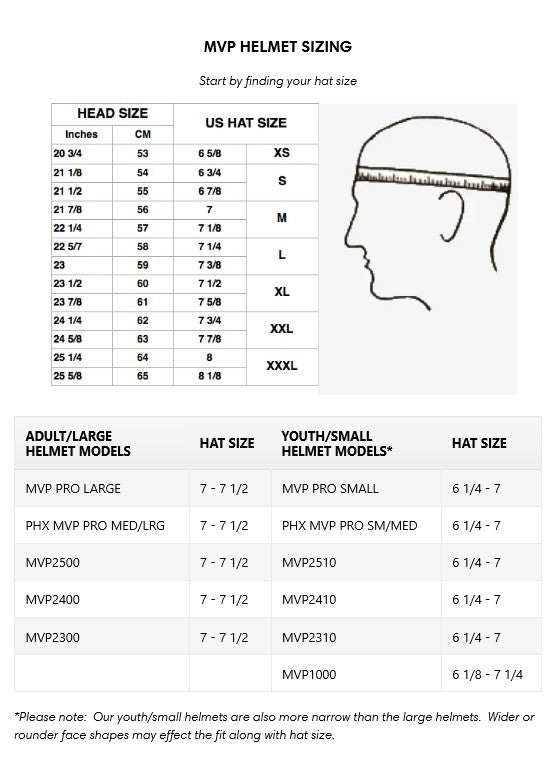 MVP helmet sizing chart with head measurements and hat size conversions.