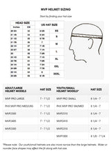 MVP helmet sizing chart with head measurements and hat size conversions.