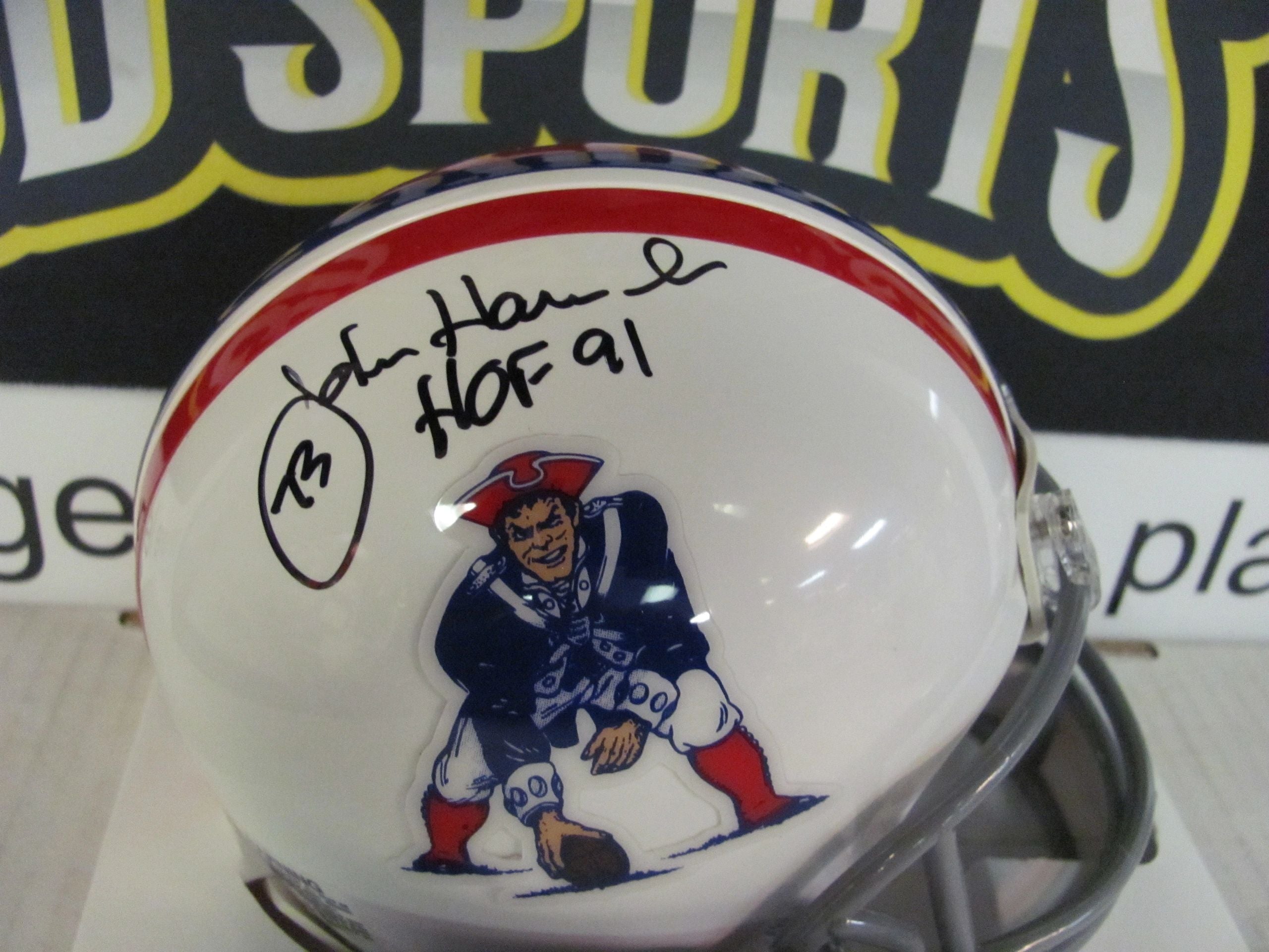 John Hannah Signed Patriots Throwback Riddell Speed Mini Helmet w/HOF'91 -Tri-Star COA