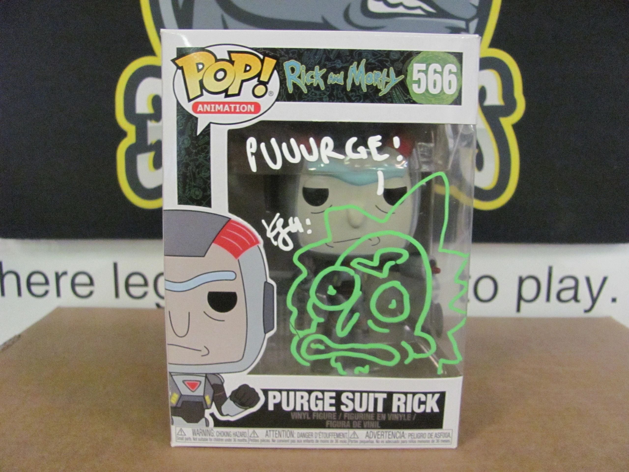 KYLE STARKS Signed and Inscribed Funko POP! Animation Rick and Morty #566 Purge Suit Rick Vinyl New In Box W/Beckett COA