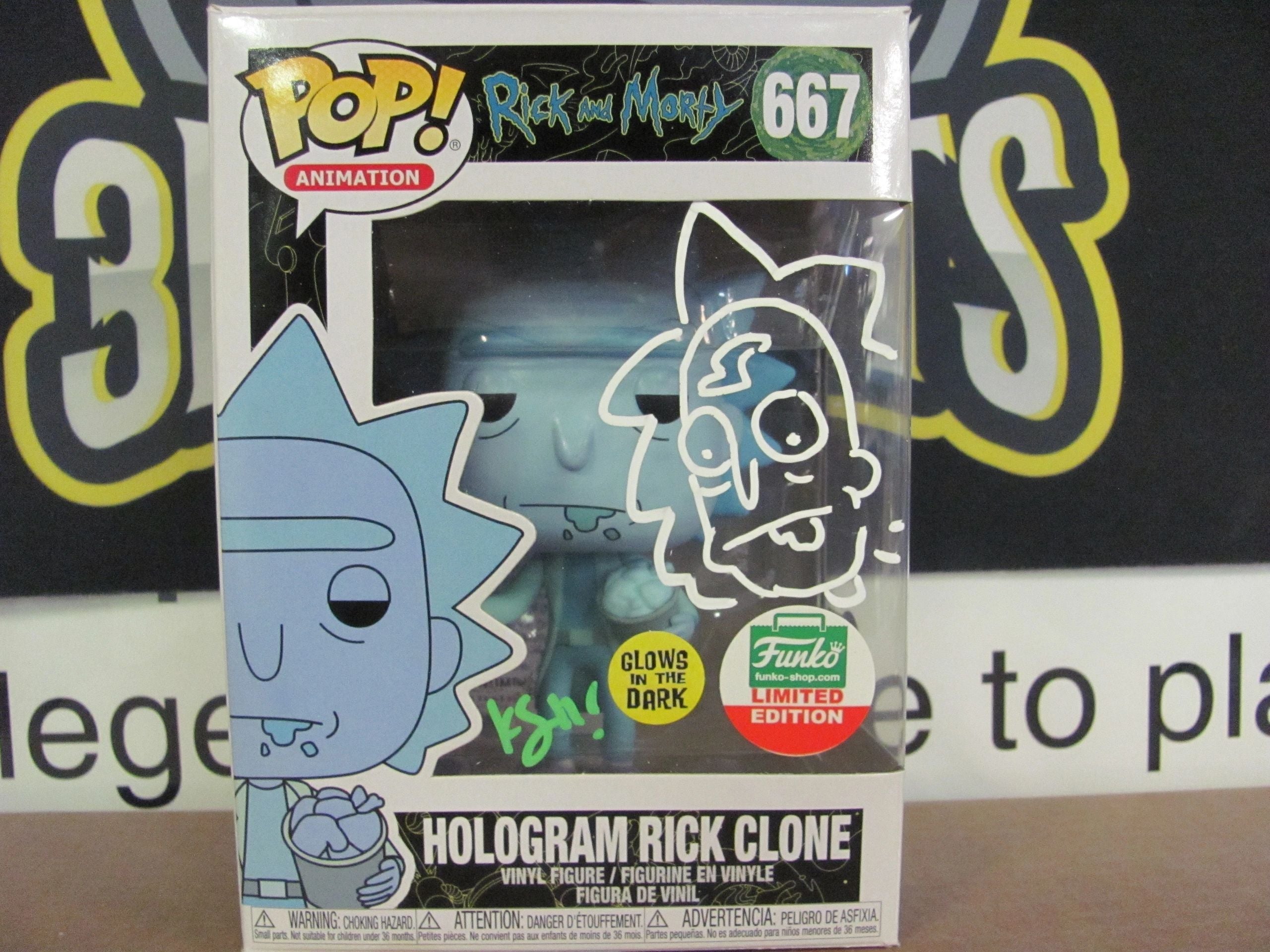 Kyle Starks Signed Funko Pop Rick And Morty Hologram Rick Clone #667 Funko Shop Exclusive w/ cover & Beckett COA