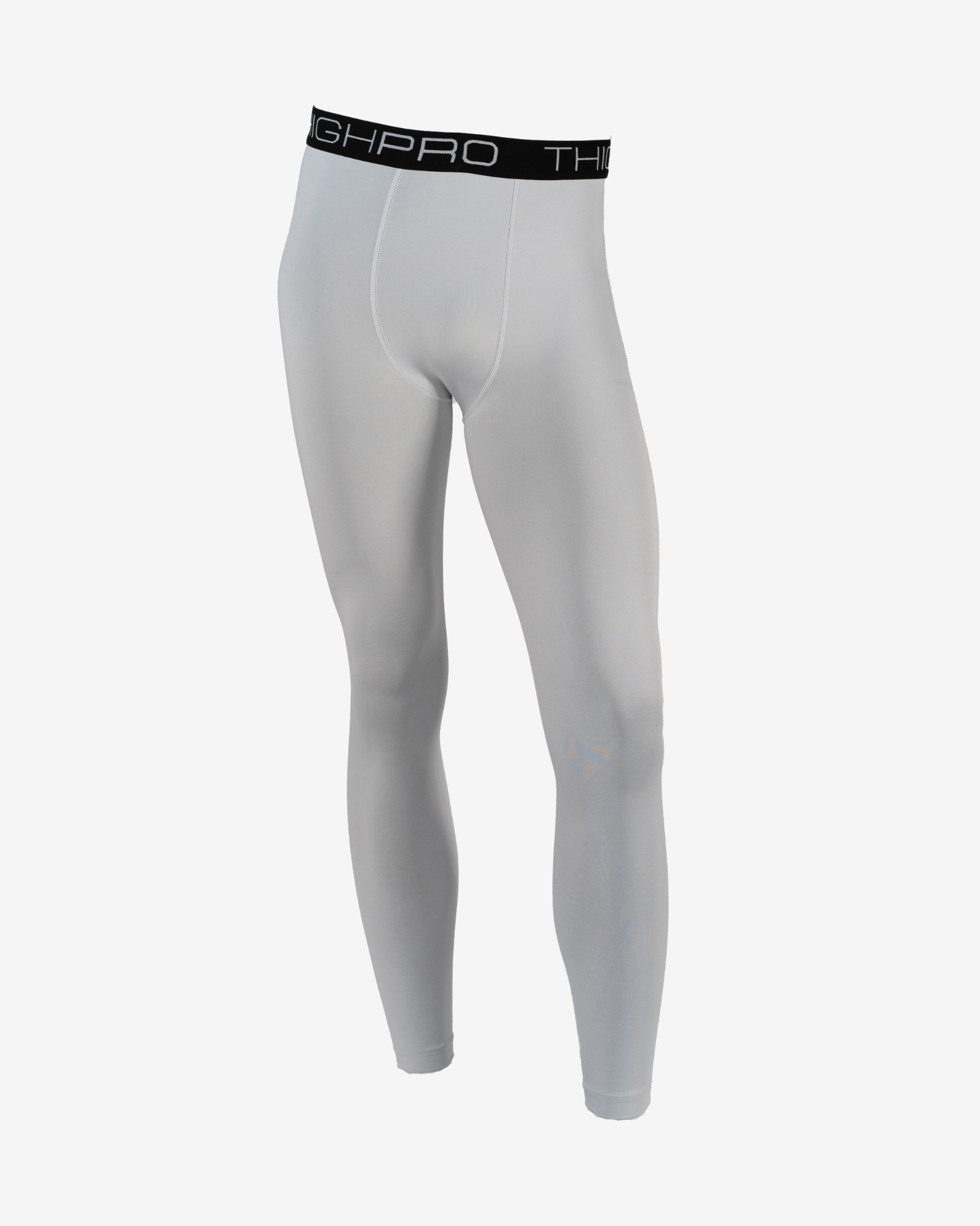 Gray compression leggings with a black waistband on a white background