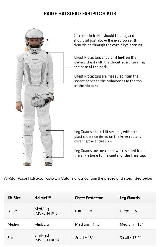 Diagram of a fastpitch catching kit with measurements and specifications.