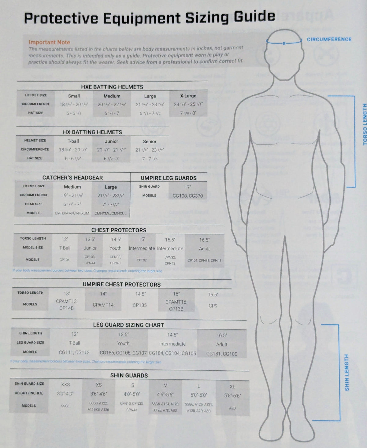 Protective equipment sizing guide with a human figure and measurement chart.