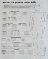 Protective equipment sizing guide with a human figure and measurement chart.