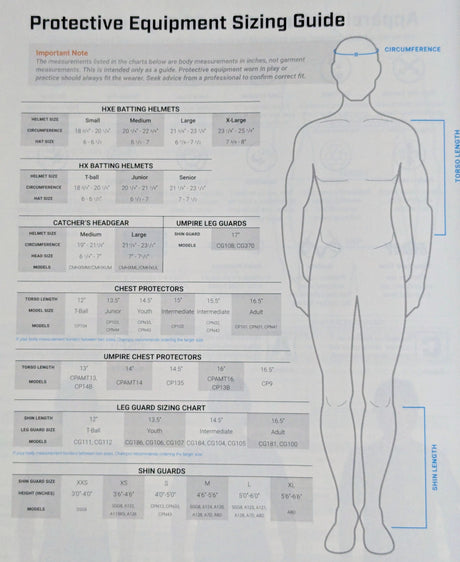 Protective equipment sizing guide with a human figure and measurement chart.